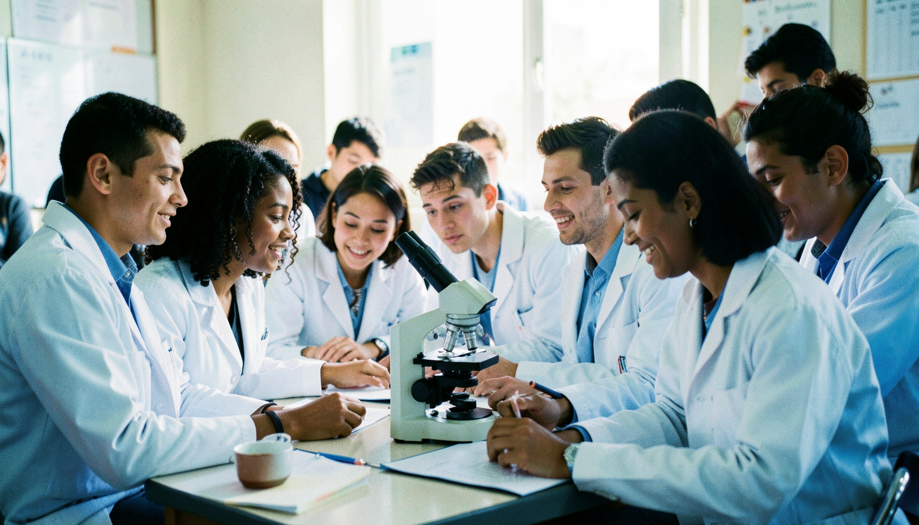 A diverse group of young adults in lab coats gathered around a microscope in a bright classroom, warm natural light, hopeful and focused atmosphere