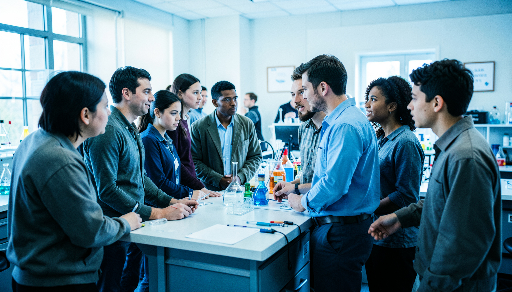 A diverse group of young adults in casual professional attire gathered around a lab bench, listening attentively to a mentor in a bright, modern science classroom.